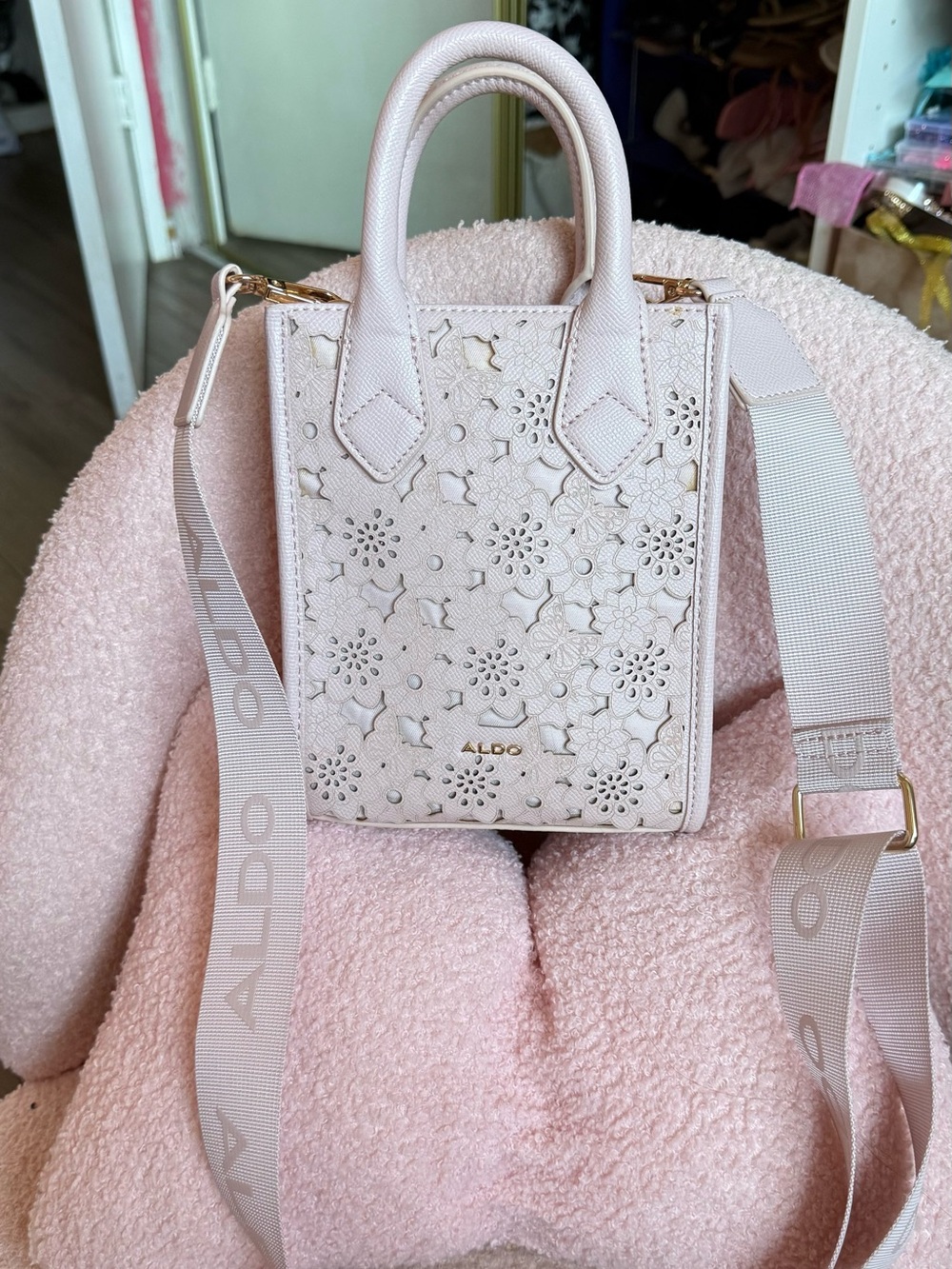 ALDO Blush Pink Floral Laser-Cut Mini Tote